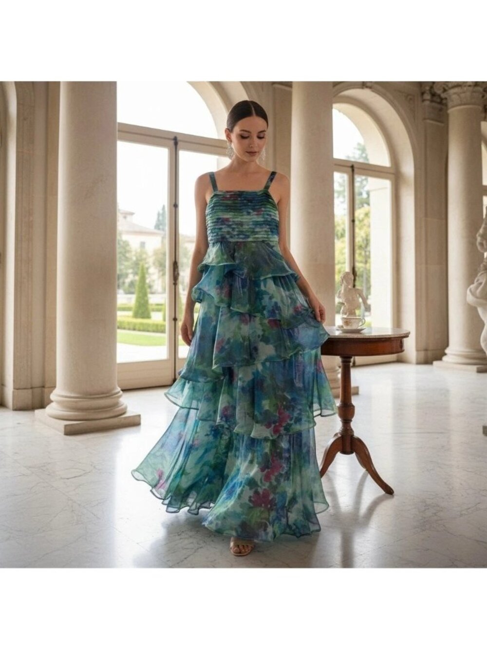 Taylor Multicolor Tiered Floral Print Maxi Dress With Pleated Bodice Adjustable